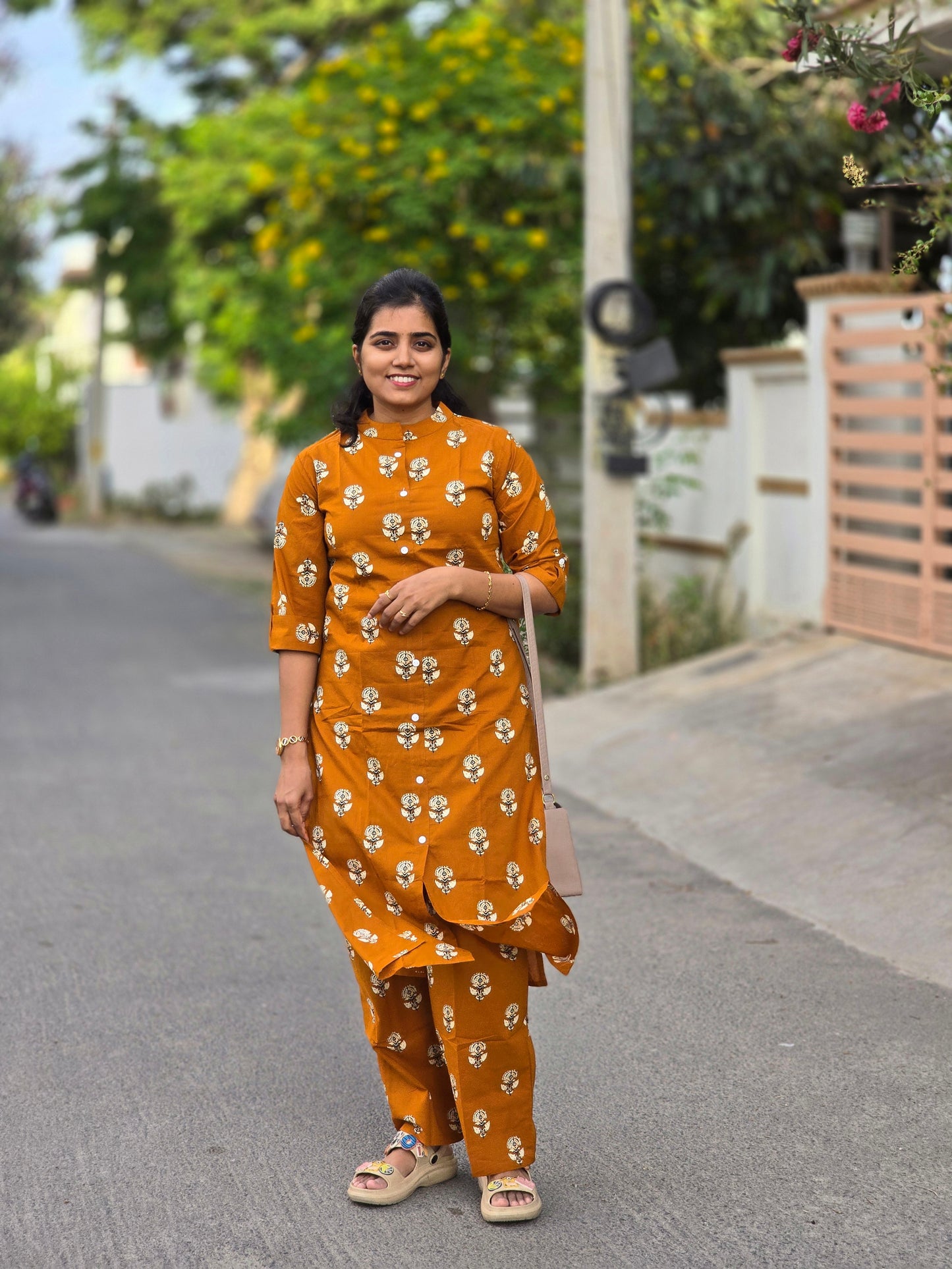 Orange brown white rose flower kurti set