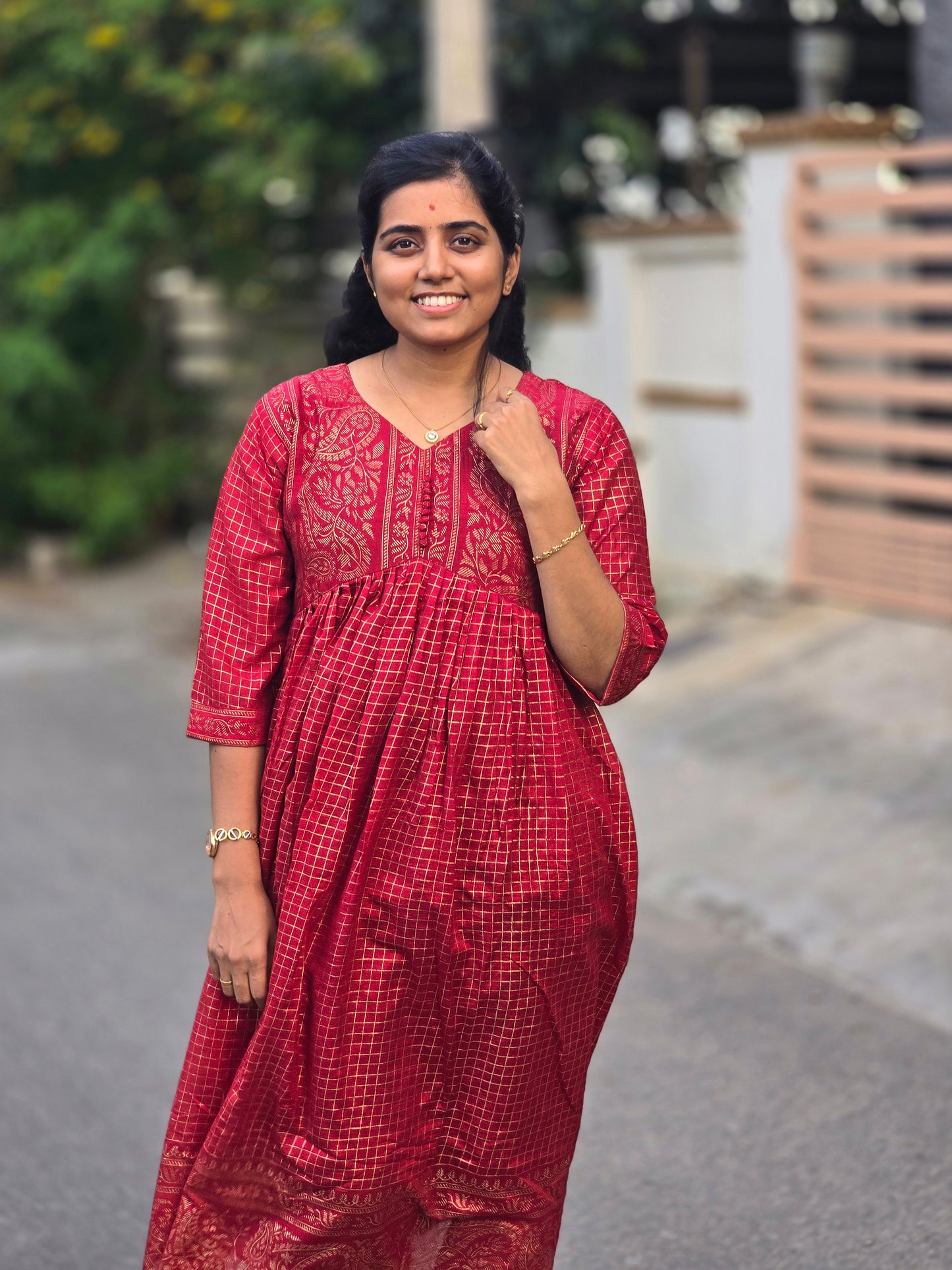Chilli red Kalyani check Festive maxi