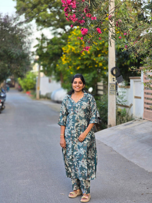 Teal blue colar top floral print kurti