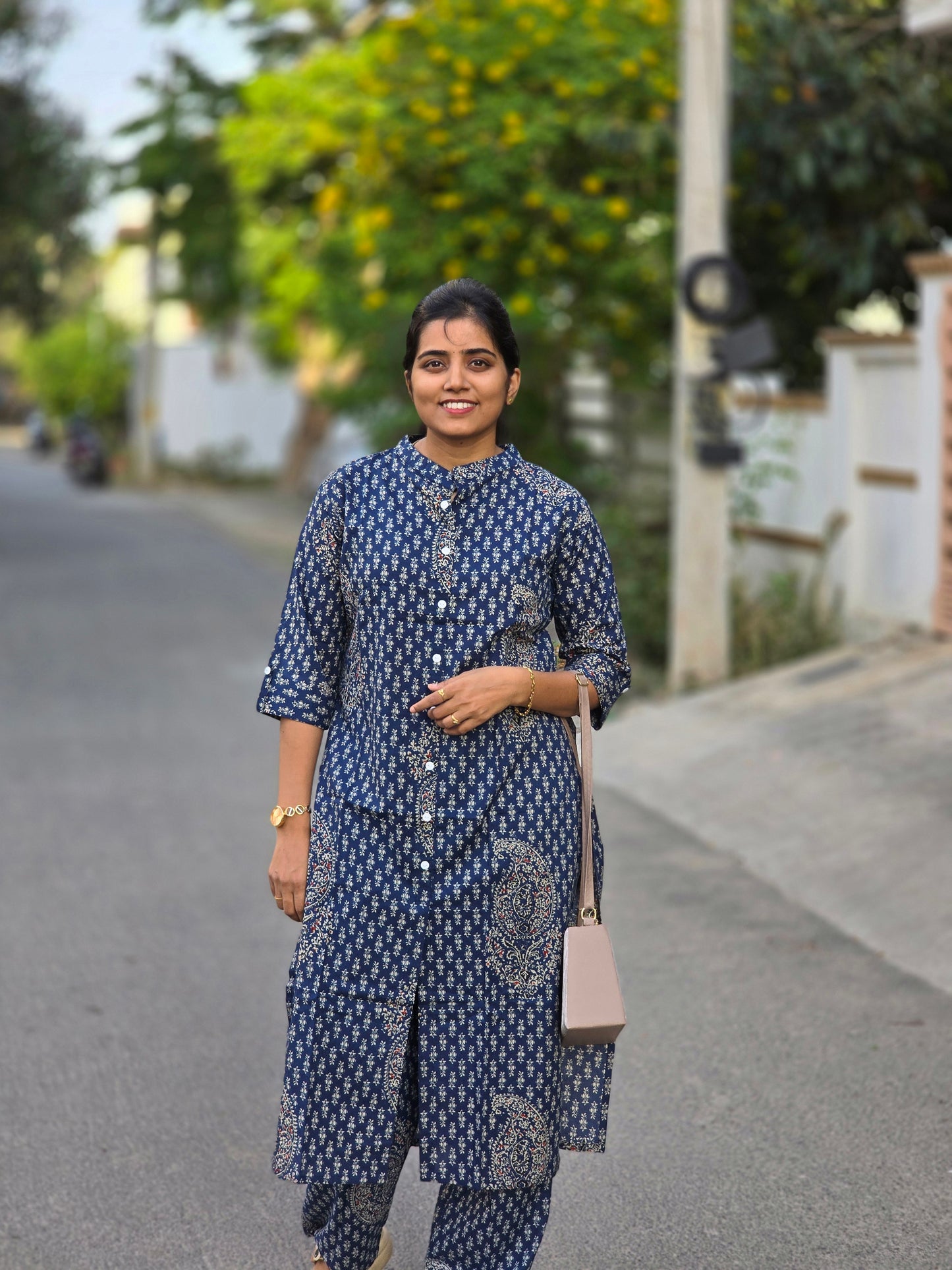 Indigo Blue traditional floral motifs kurti set
