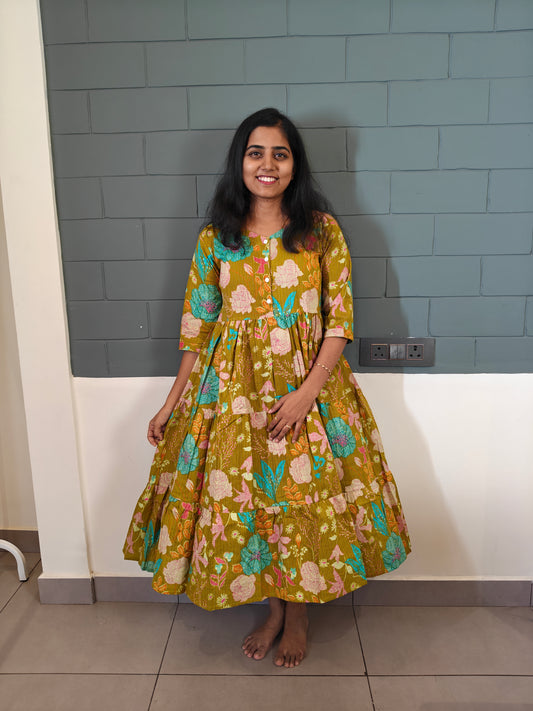 Green Botanical print frock maxi