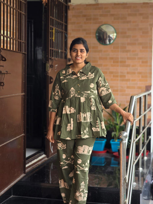 Olive green & nature theme print Peplum Coord set