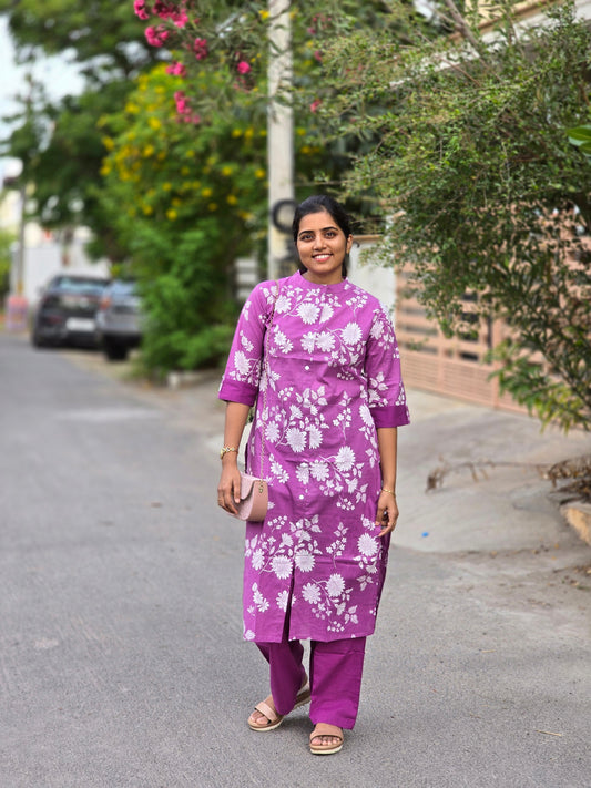 Lavender white floral designs kurti set