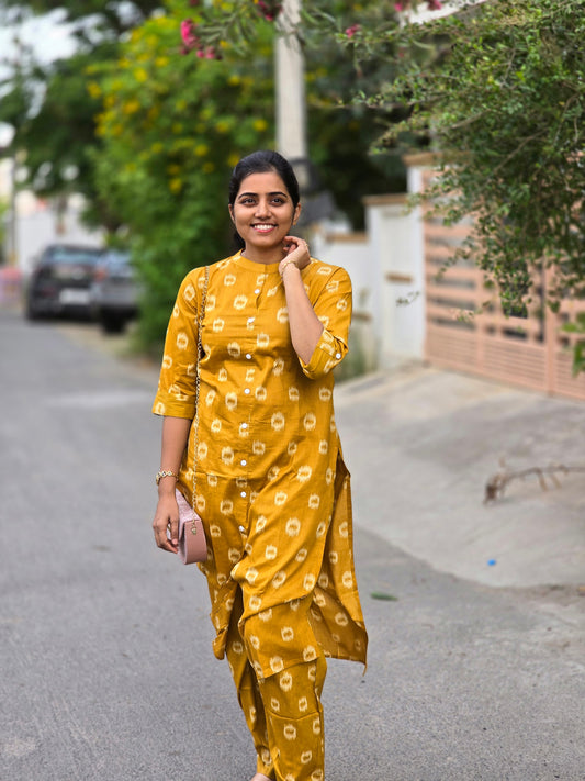 Yellow ikkat patterns kurti set