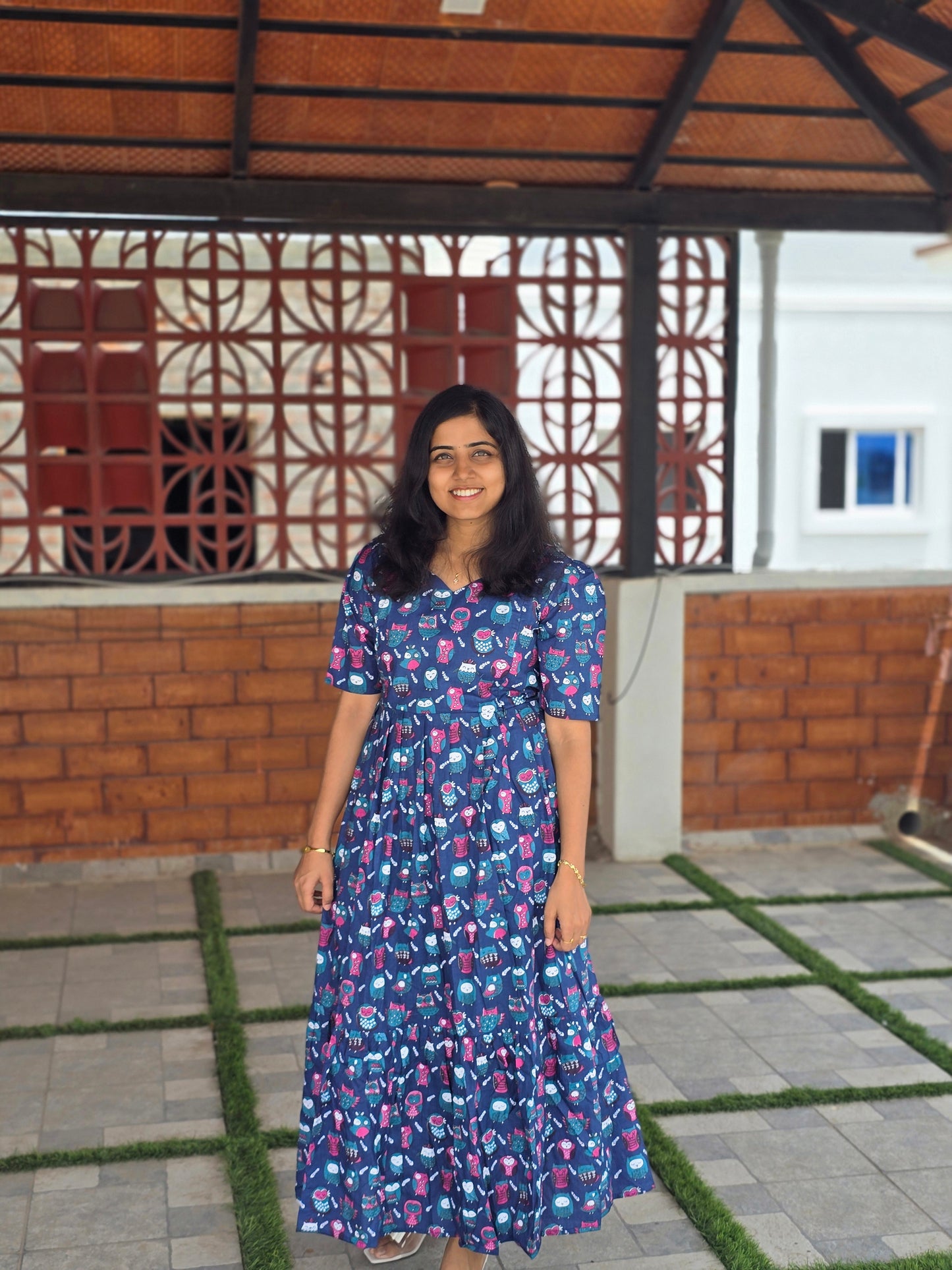 Blue owl print Cotton Feeding Maxi