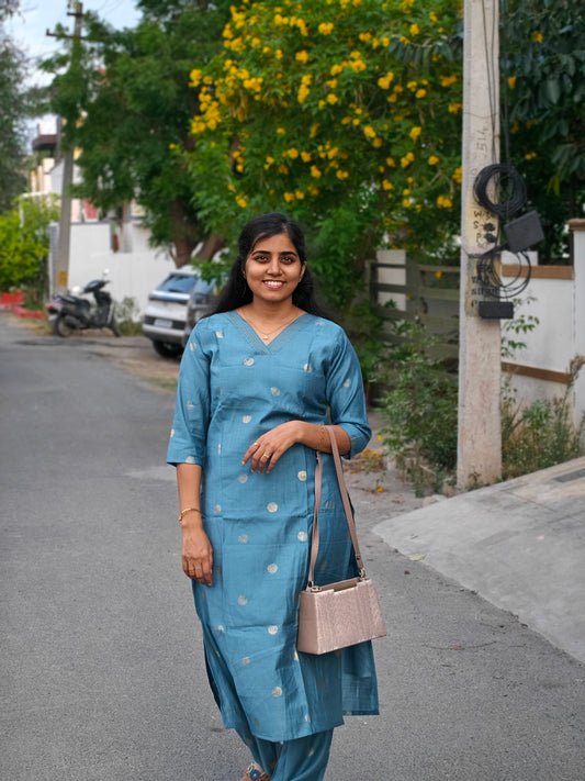 Ice Blue Butta Kurti Set with Lining