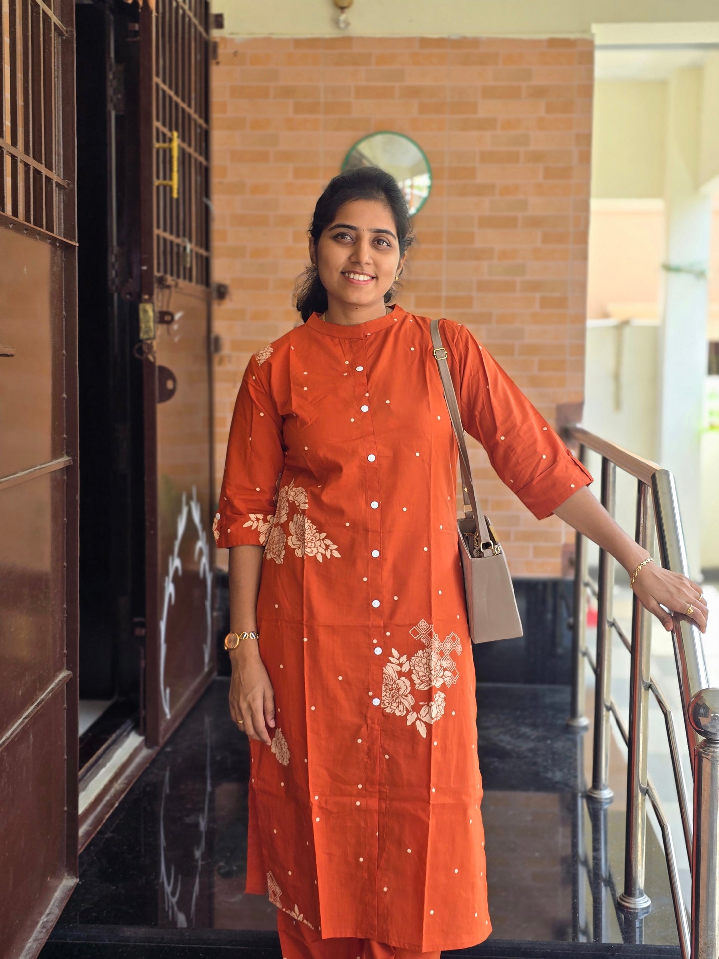 Orange design flowers kurti set