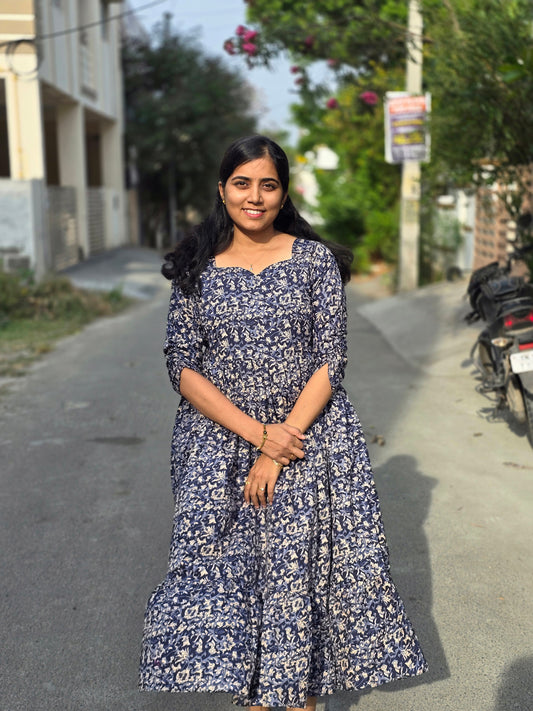 Blue Full Kalamkari Cotton Feeding Maxi