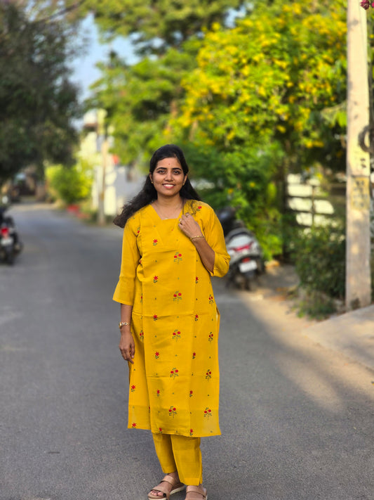 Yellow Mul Chanderi V neck kurti set