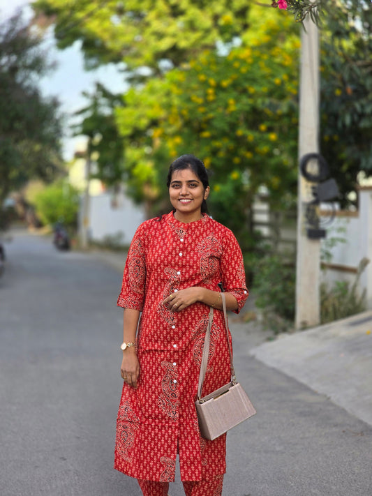 Red traditional floral motifs kurti set