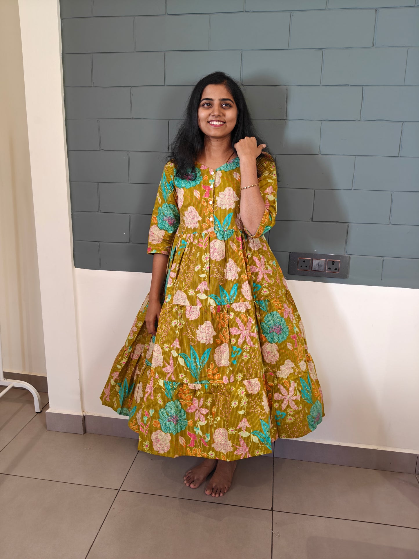 Green Botanical print frock maxi