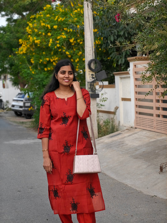 Rust orange with Black embroidery Kurti Set with Lining