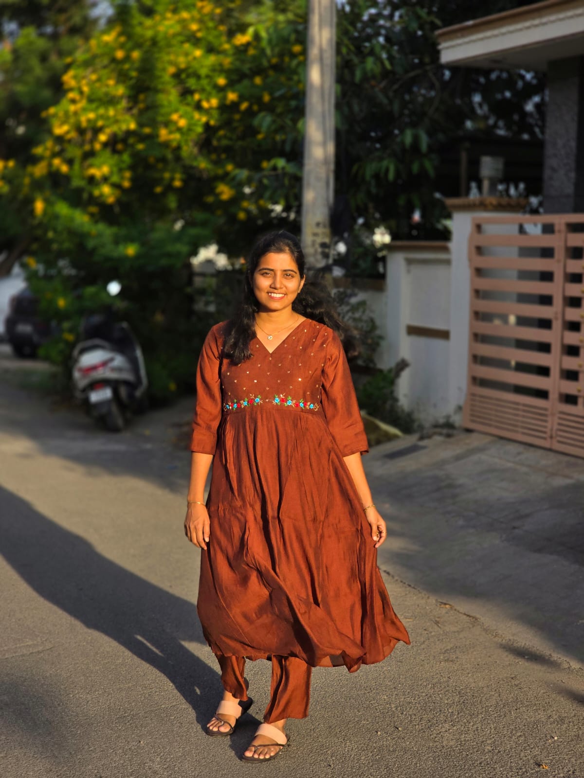 Brown cut beads & thread embroidery kurti set