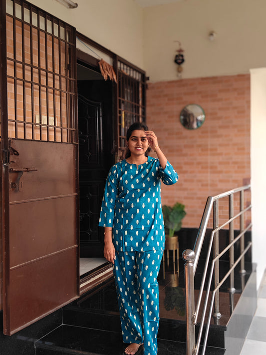 Peacock blue ikat print Coord set