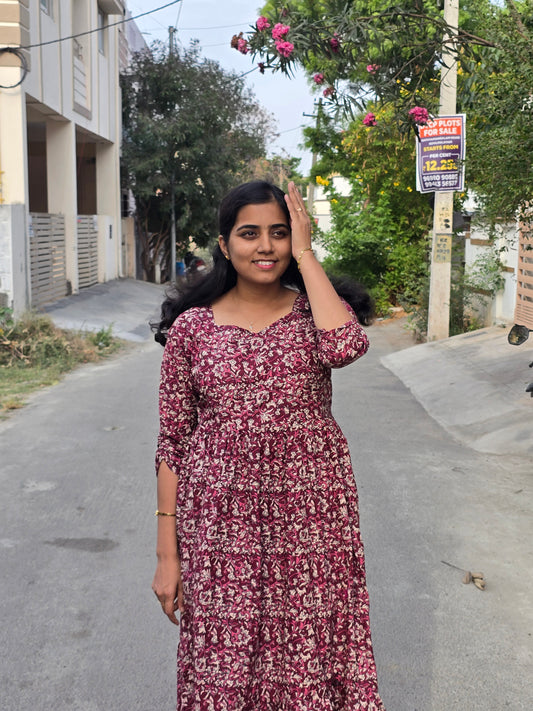 Wine Full Kalamkari Cotton Maxi