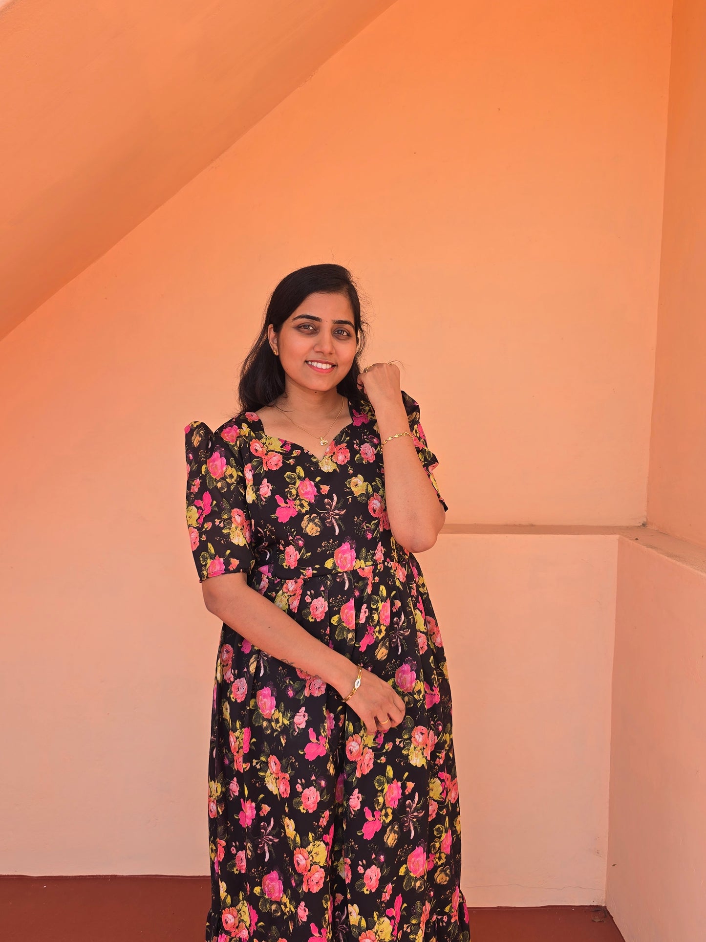 Black Colourful Roses print Feeding Maxi with Zip