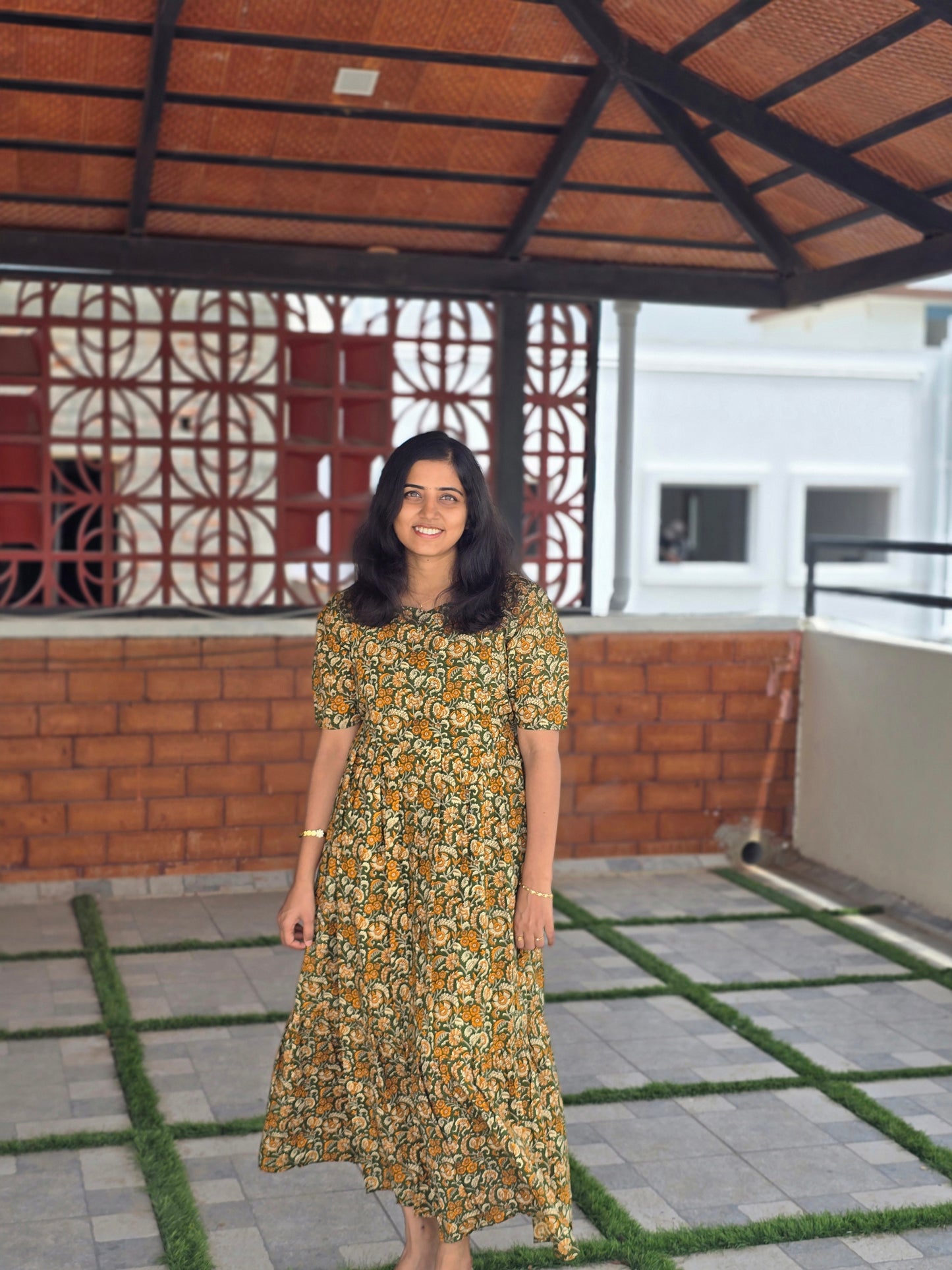 Green floral Kalamkari Print Cotton Feeding Maxi