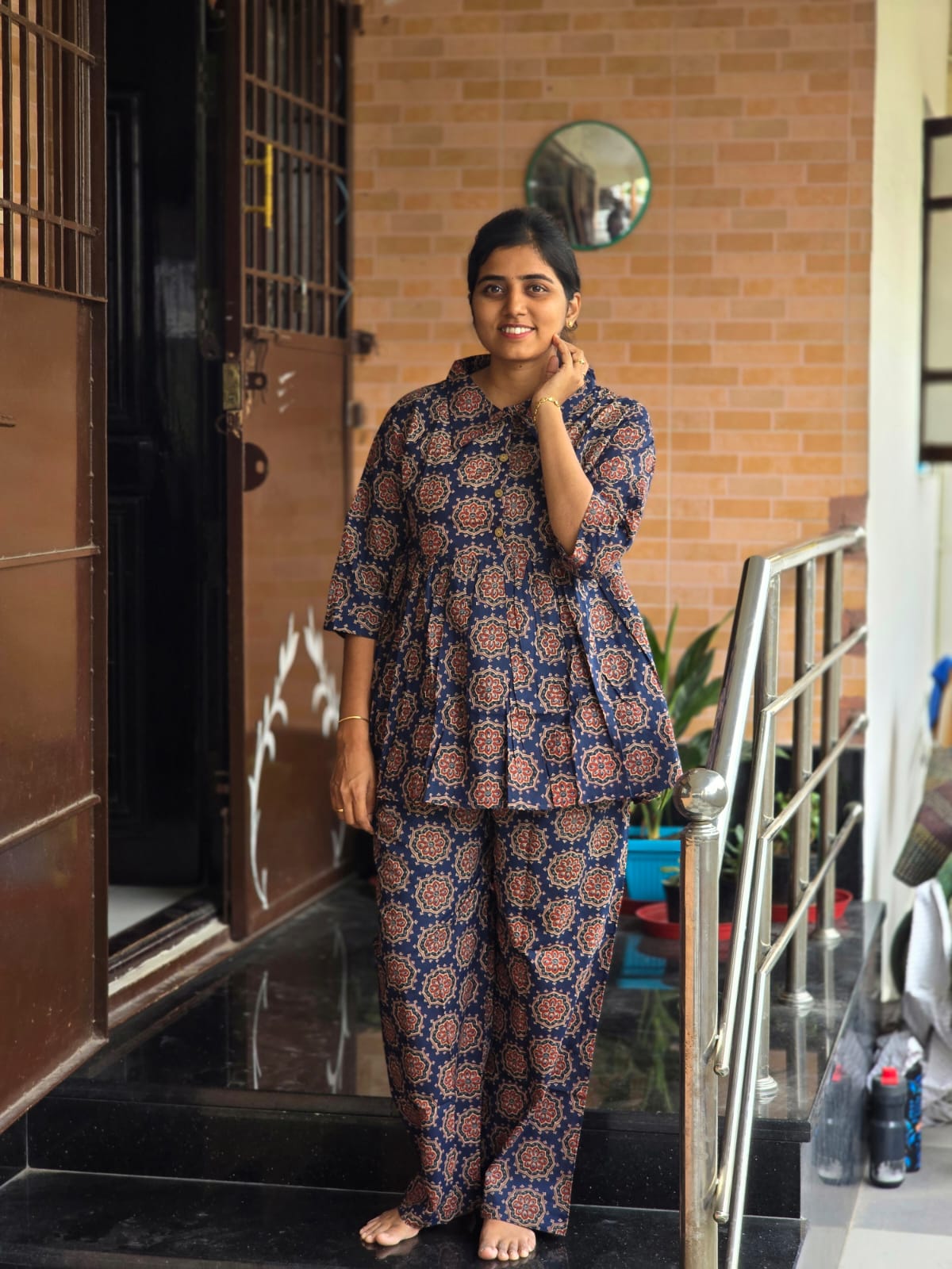 Dark blue & brown Mandal motifs Peplum Coord set
