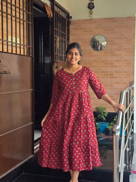 Red with brown motifs Center button frock style Maxi