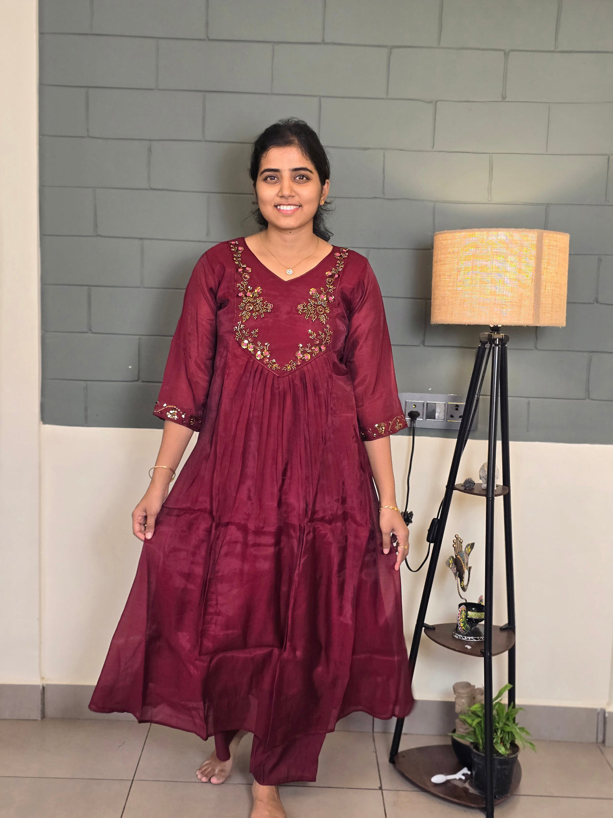 Dark wine &golden beads & sequin Handwork embroidery kurti set