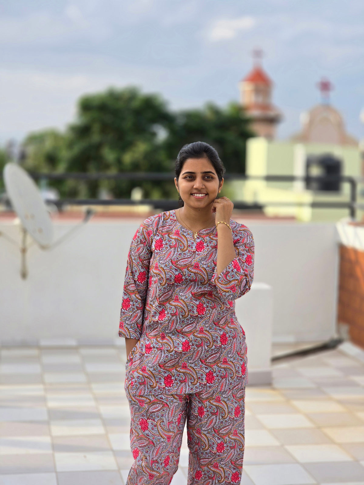 Grey pink kalamkari print Coord set