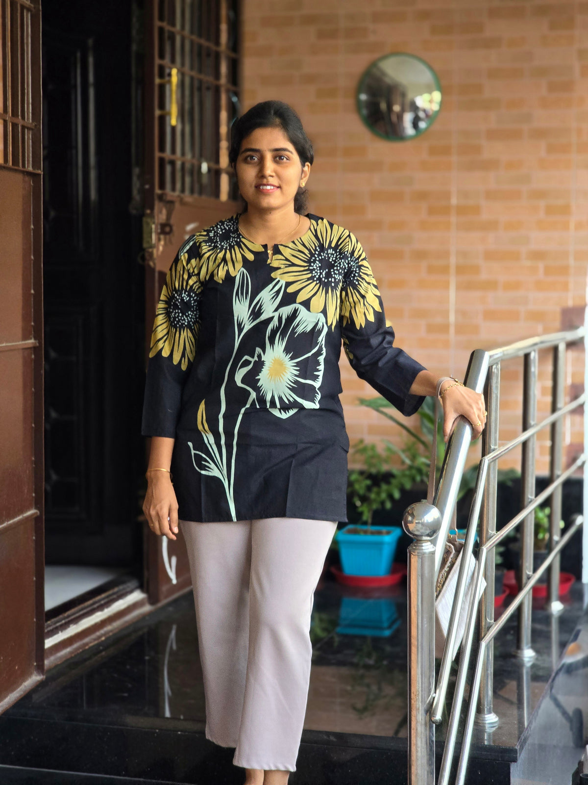 Black fabric yellow &blue floral short Top