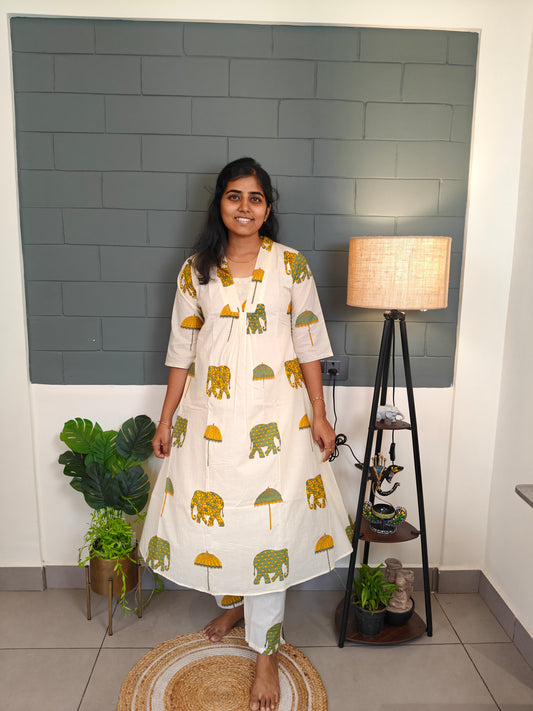 Yellow Elephant & Umbrella printed Kurti Set with Lining