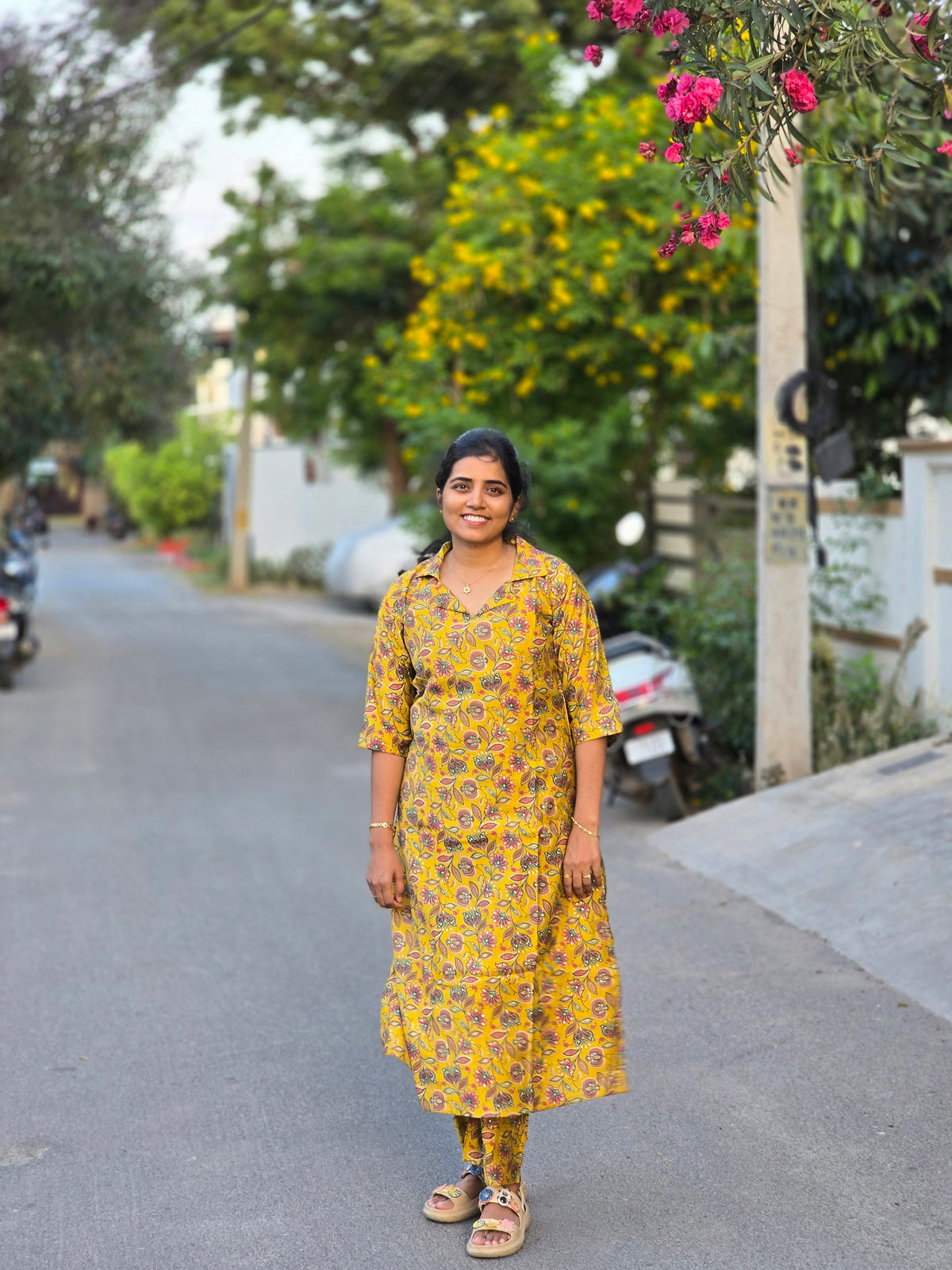 Yellow colar top floral print kurti set