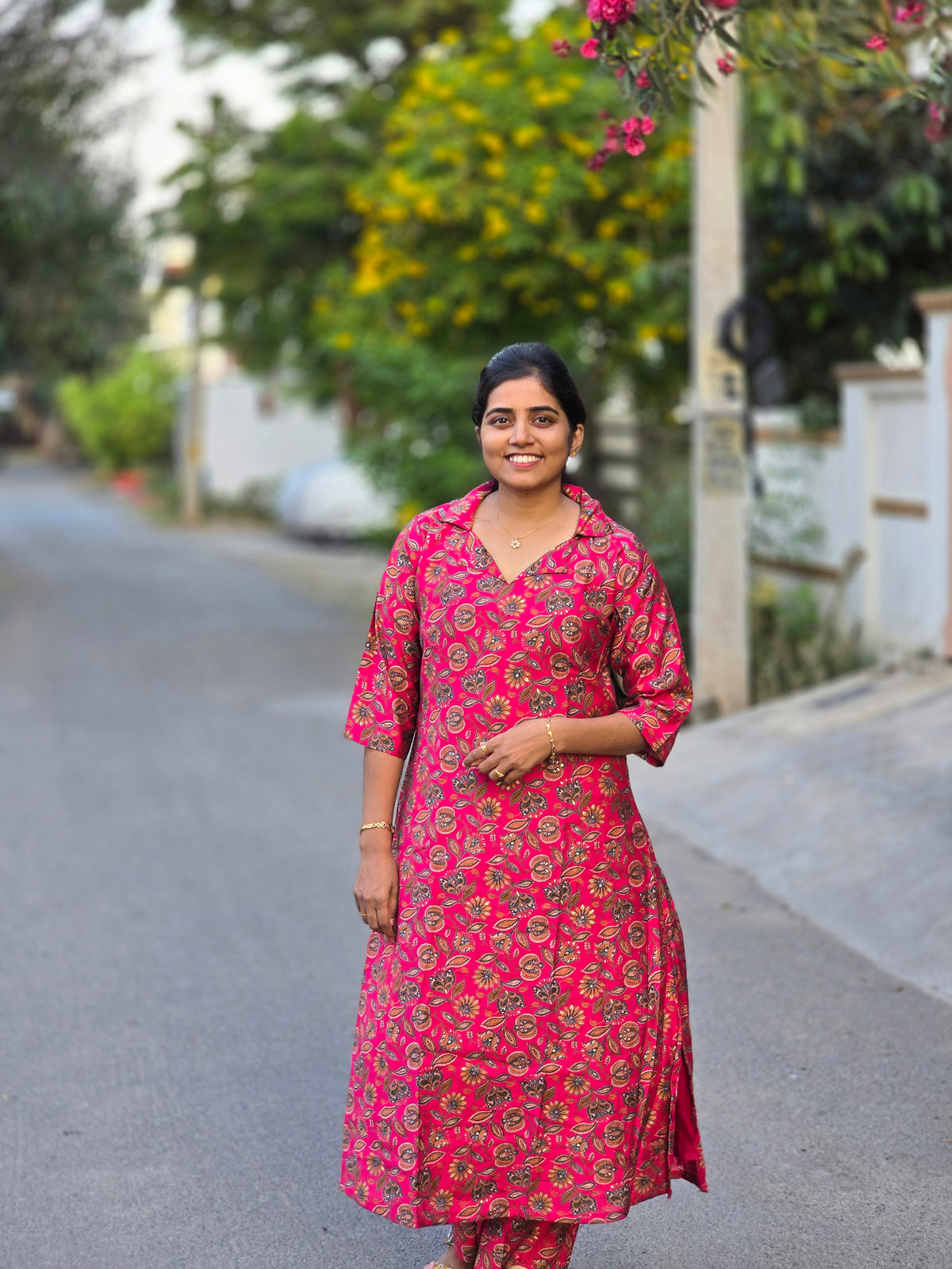 Magenta pink colar top floral print kurti