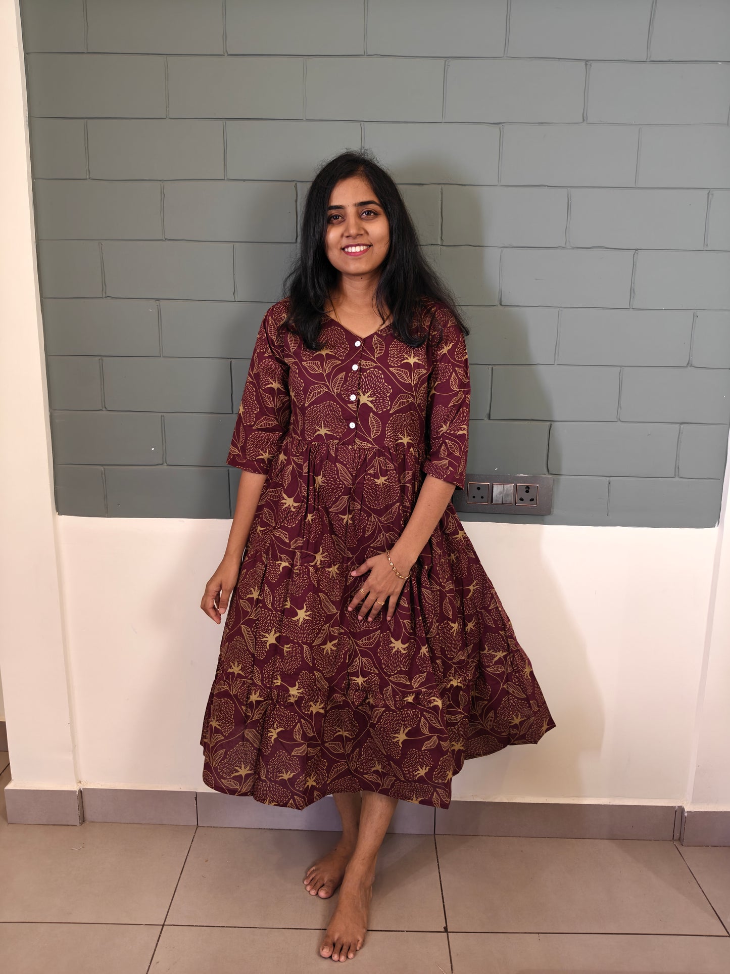 Wine & gold toned leaf floral print frock maxi