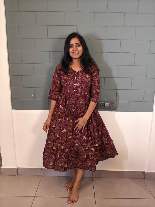 Wine & gold toned leaf floral print frock maxi
