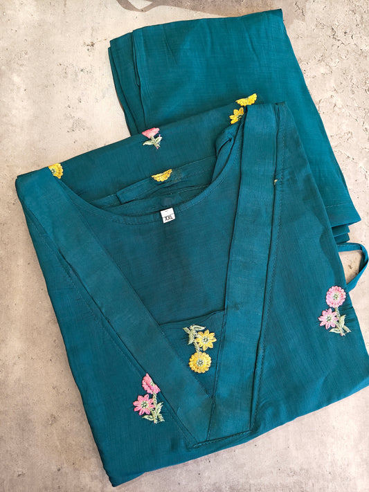 Dark green  Mul Chanderi V neck kurti set