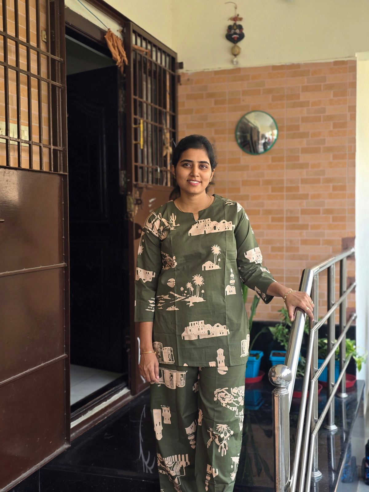 Olive green & nature theme print Coord set