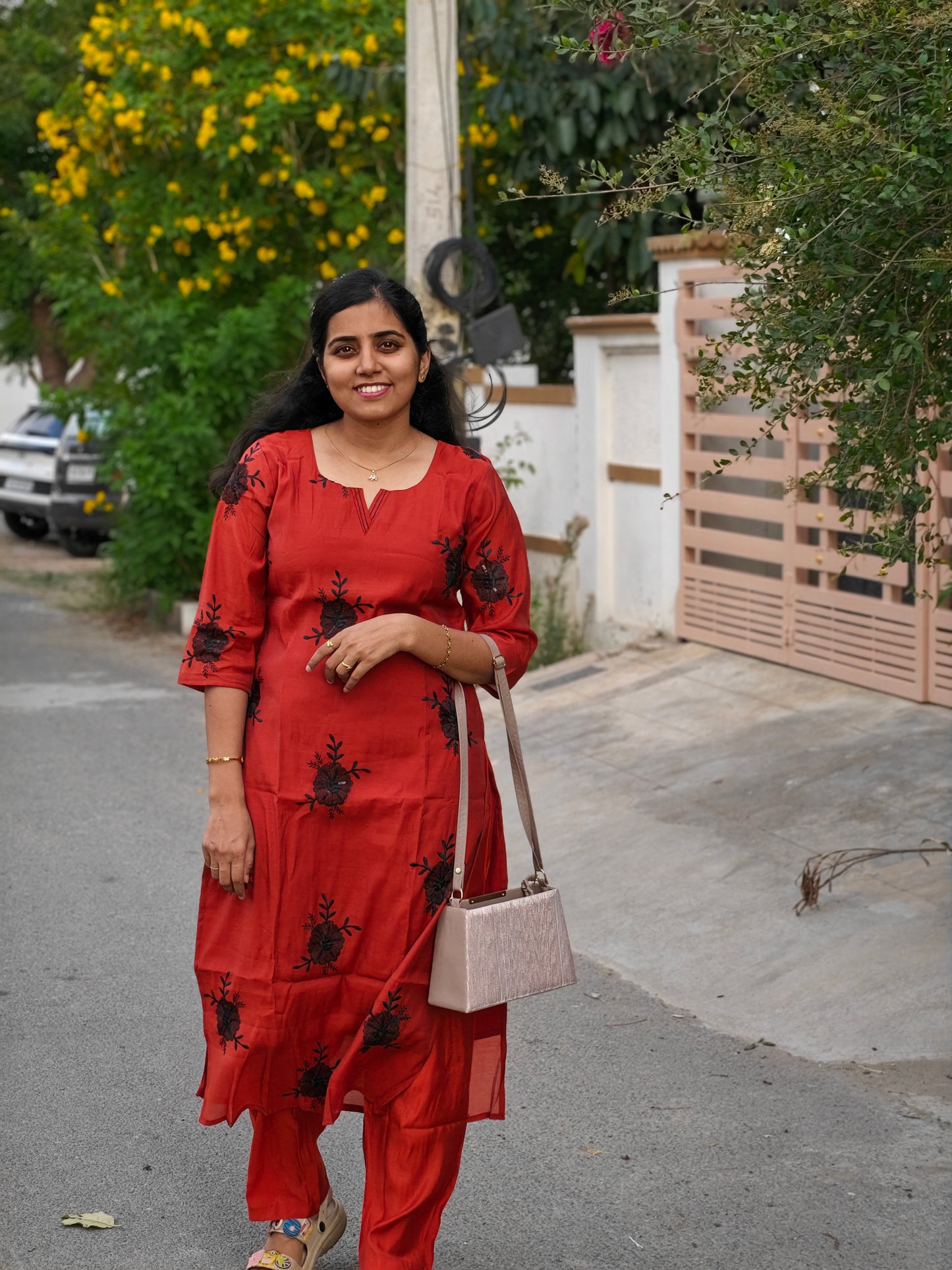 Rust orange with Black embroidery Kurti Set with Lining