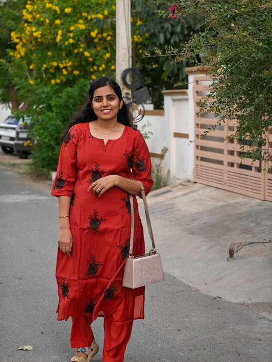 Rust orange with Black embroidery Kurti Set with Lining