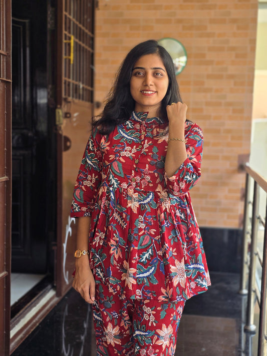 Maroon flowers Peplum coord set