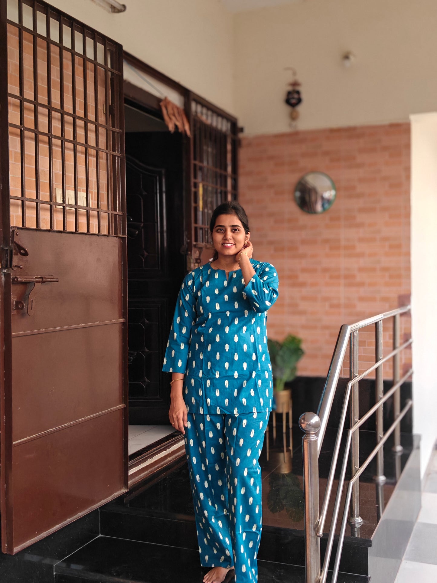 Peacock blue ikat print Coord set