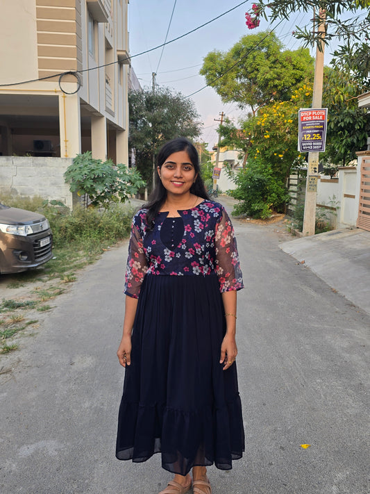 Blue with Red Floral Organza