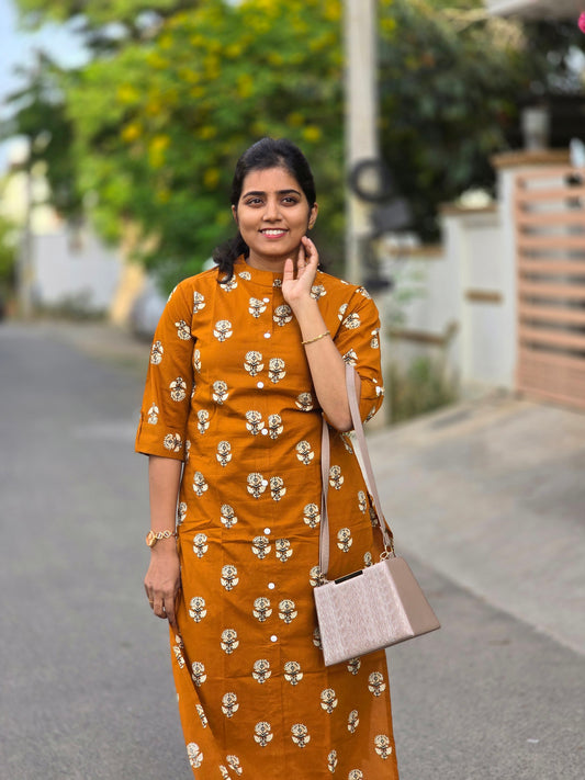 Orange brown white rose flower kurti set