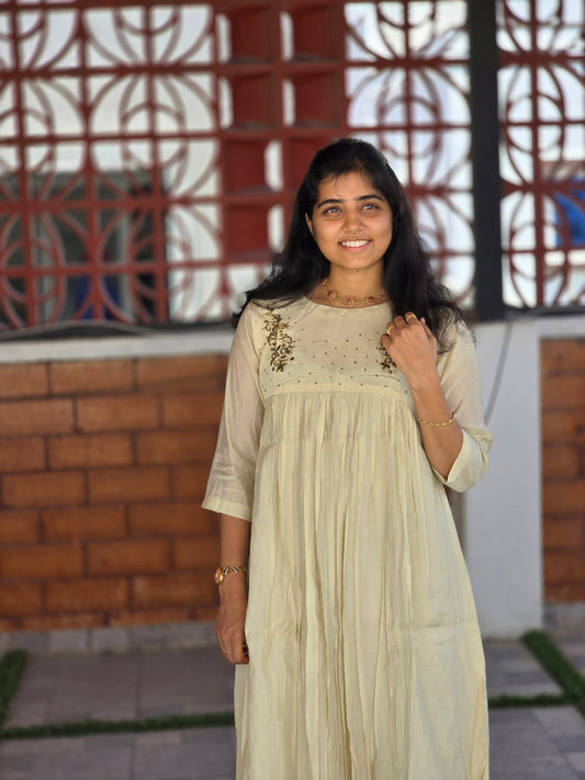 Mul chanderi pleated hand embroidery kurti