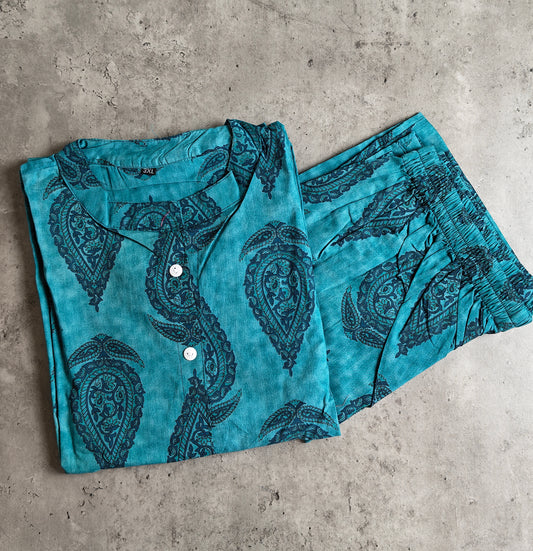 Teal green block print motifs kurti set