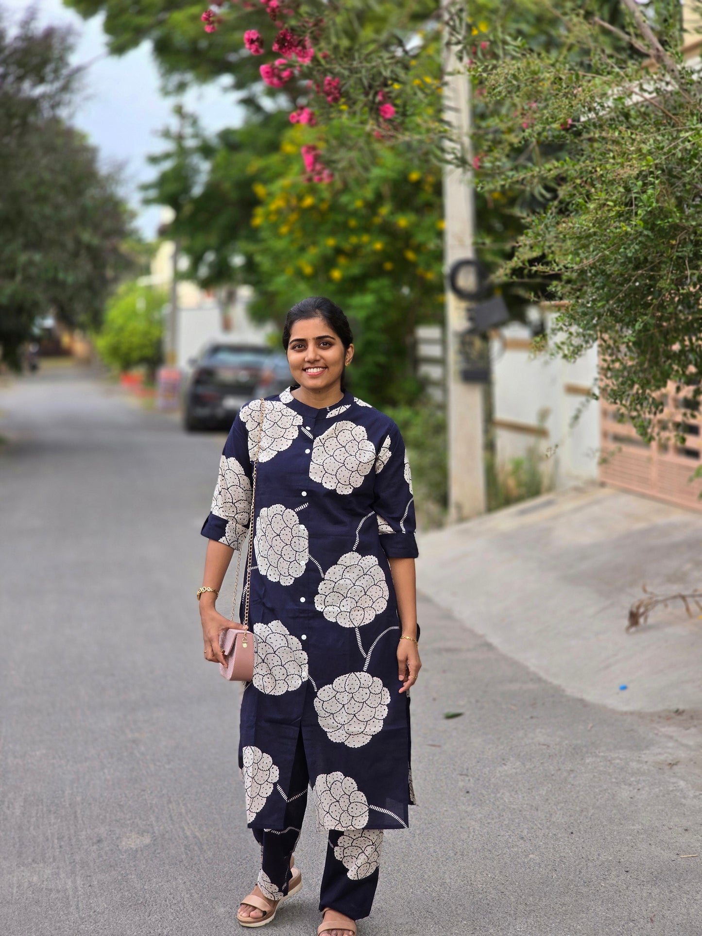 Navy Blue with white Big Flowers kurti set