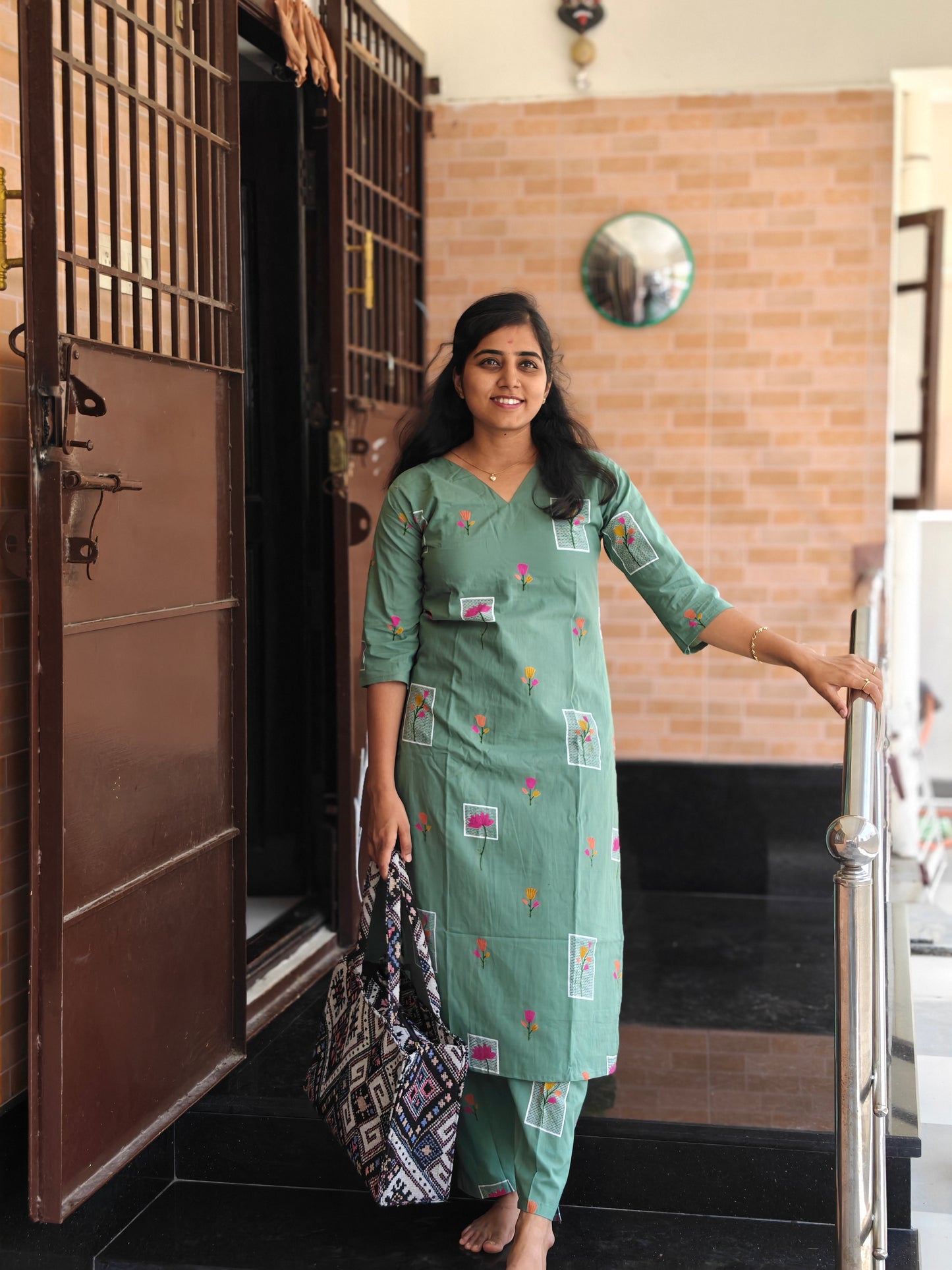Sage green Lotus print cotton Kurti Set with Lining