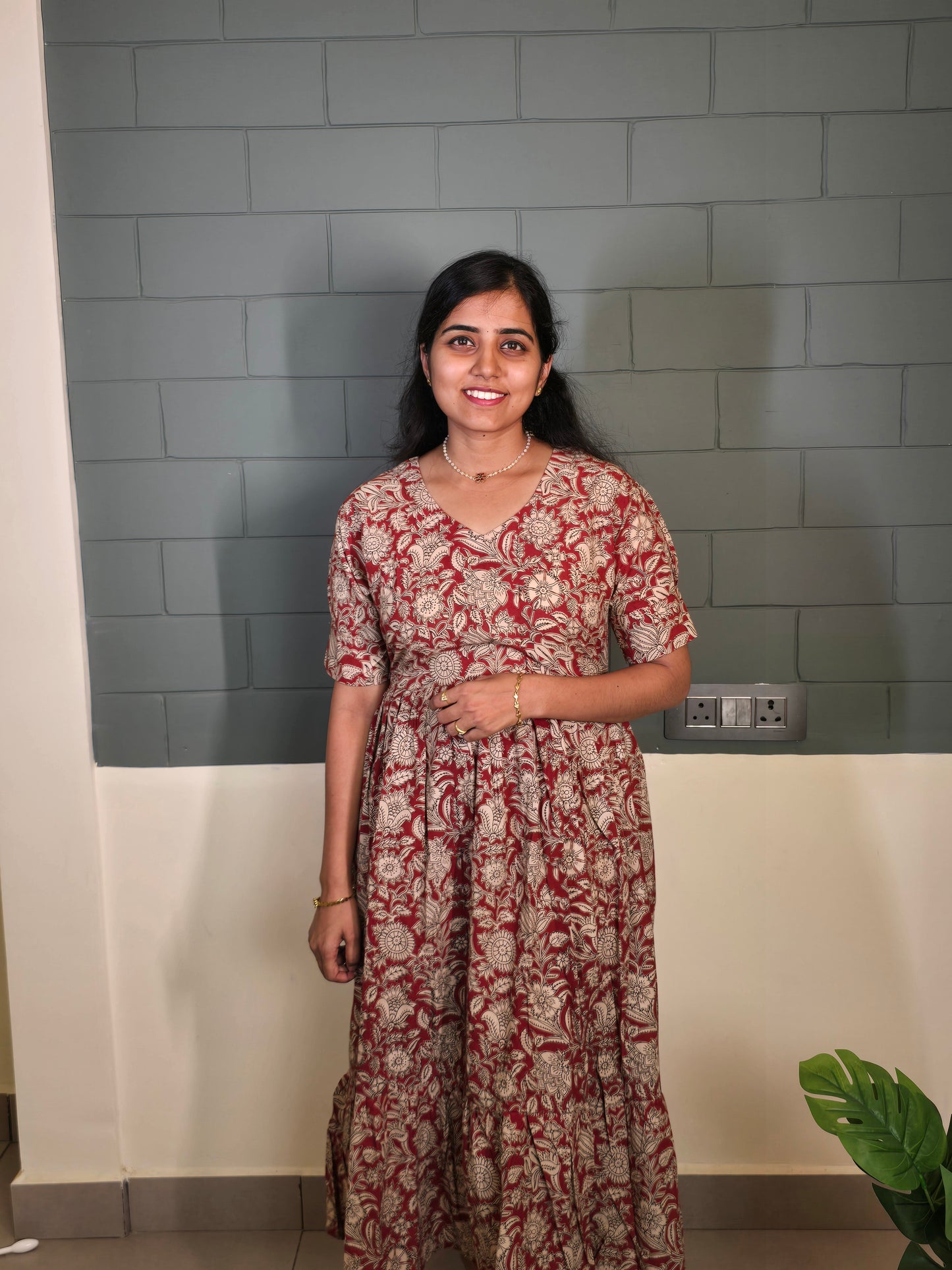 Red with Sandal Floral Kalamkari