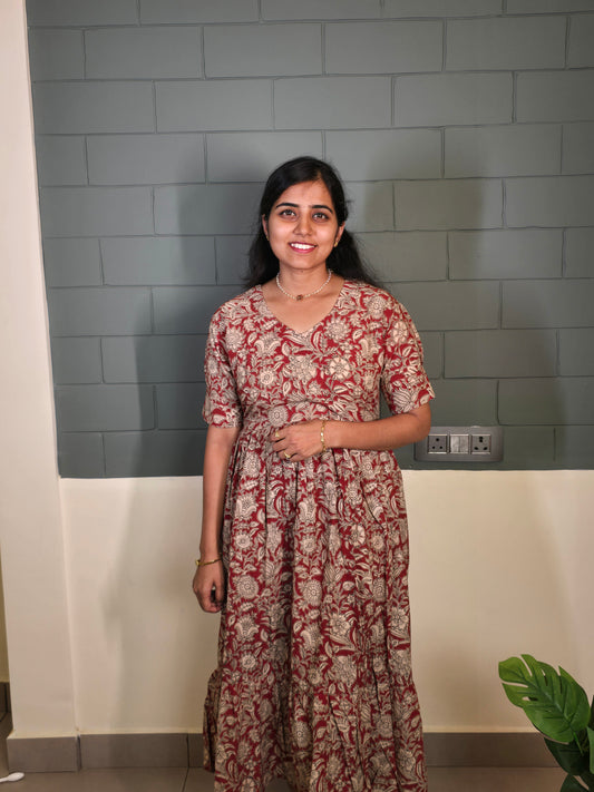 Red with Sandal Floral Kalamkari