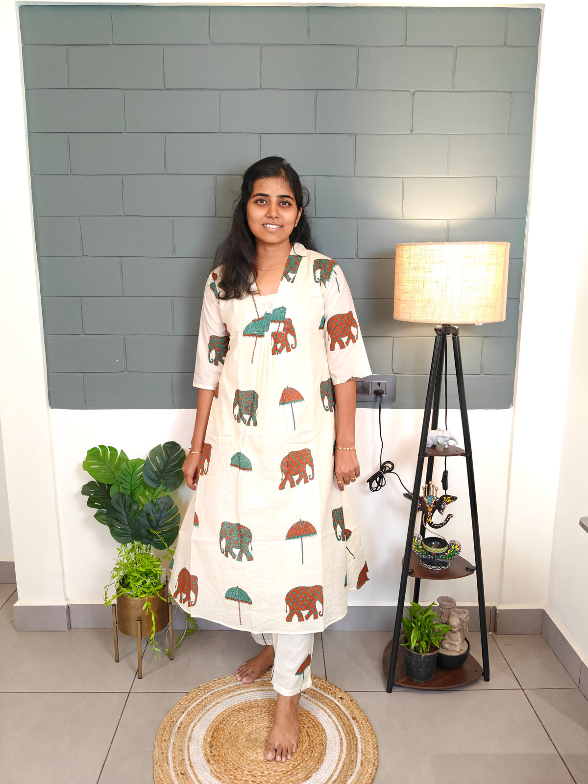 Green Elephant & Umbrella printed Kurti Set with Lining