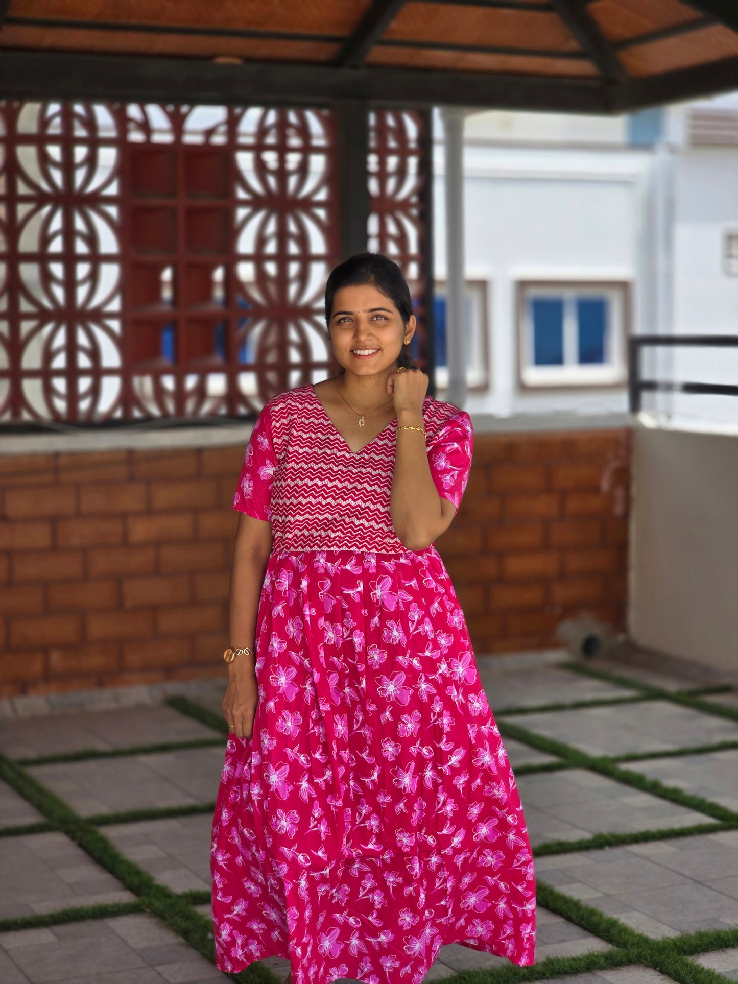 Pink Tie up Cotton Feeding Maxi