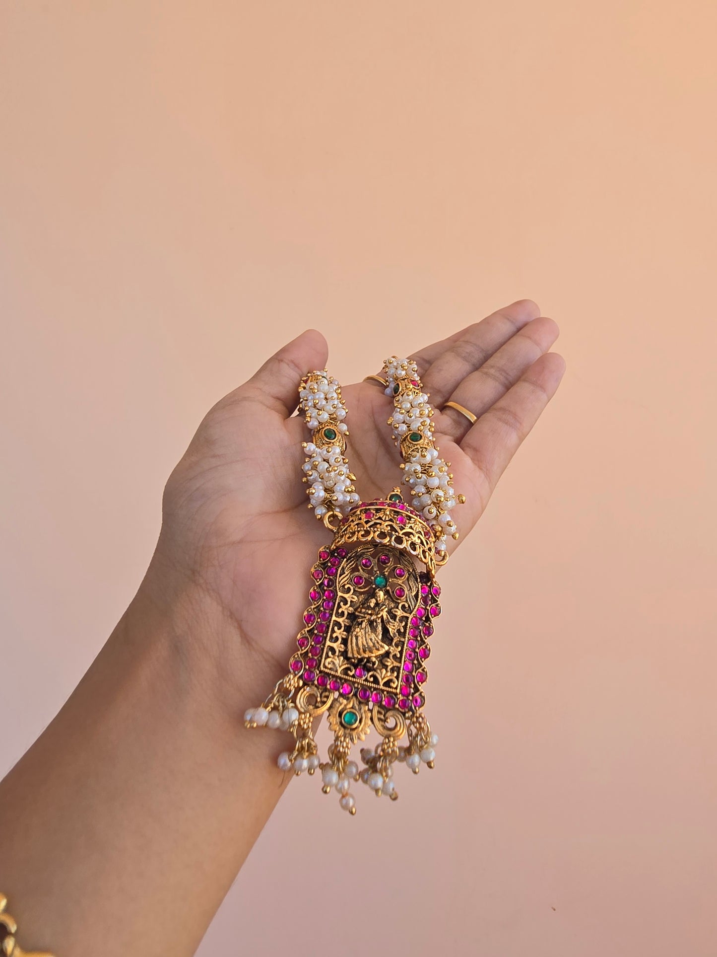 Radha Krishna Pearls pink and green