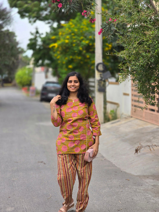 Mustard yellow pink flowers Coord set