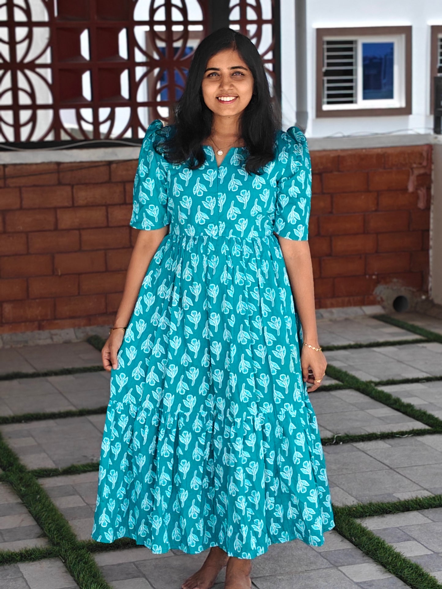 Teal Blue floral Center Zip Maxi